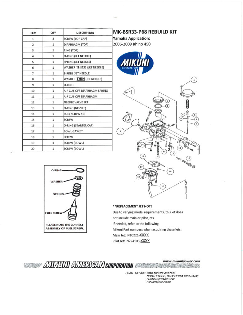 Mikuni Oem Carburetor Rebuild Kit Mk Bsr P Fits Yamaha Rhino The Part Connection